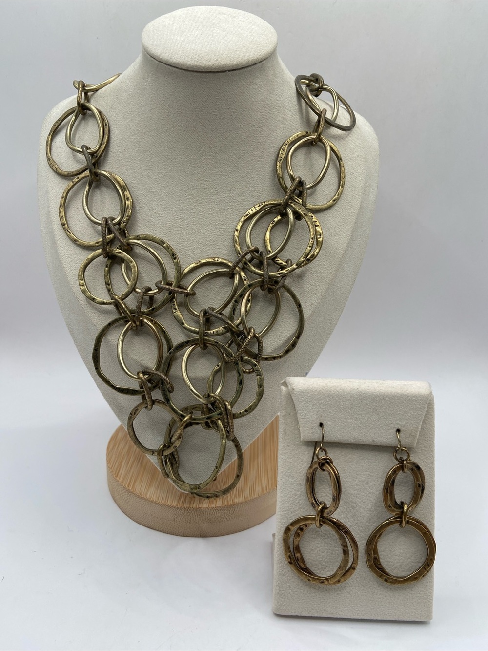 Gold Tone Hammered Double Hoop Link Bib Necklace & Earring 2 Piece Set Pierced